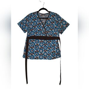 Cherokee Body Mock Wrap Scrub Top Blue Brown Floral Empire Waist Stretch - Large